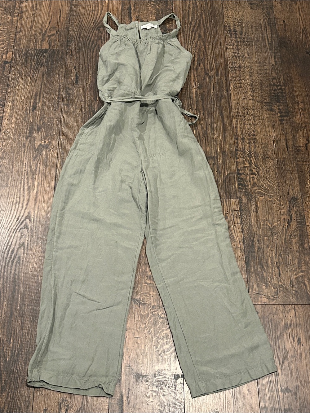 LOFT Sage Green Tie-Waist Linen-Blend Scoop Neck Jumpsuit